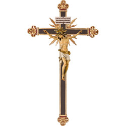 Cristo Pisa en cruz barroca con rayos y Titulus Crucis en hebreo - latín - griego